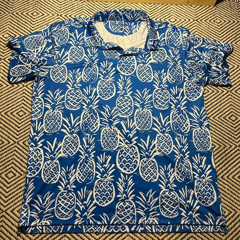 Chubbies Polo Shirt Mens XXL Blue Pineapple Print Performance Golf Summer Beach